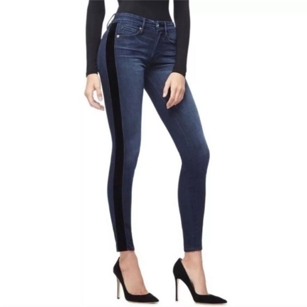 Good American blue black velvet striped good waist jeans SZ 0/25 tuxedo stripe